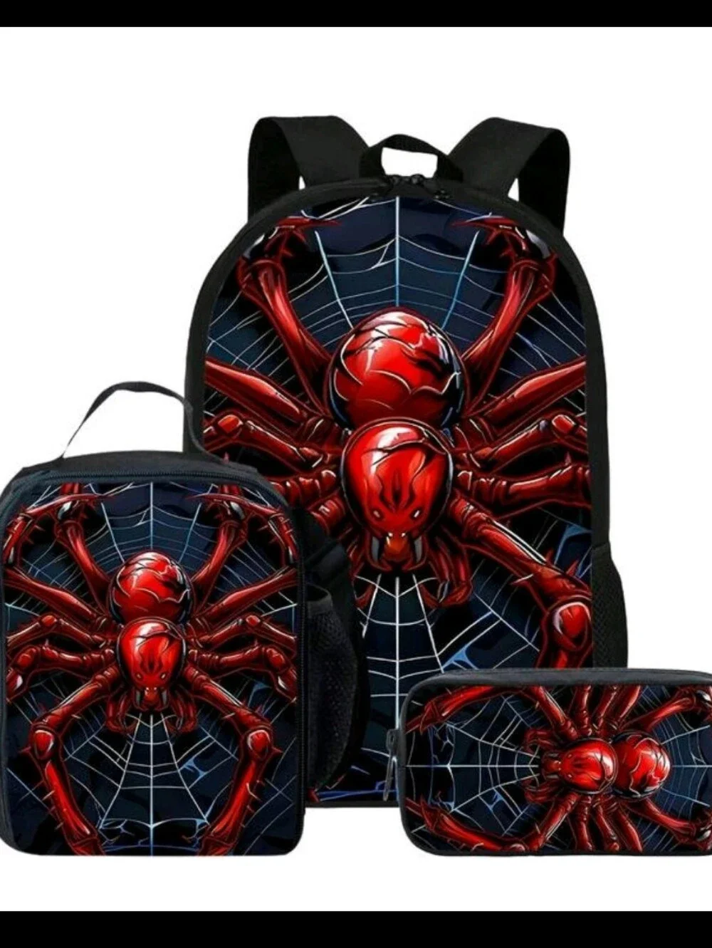 Kids 3-Piece Red Spider Backpack Set - School Bag, Lunch Bag & Pencil Case
